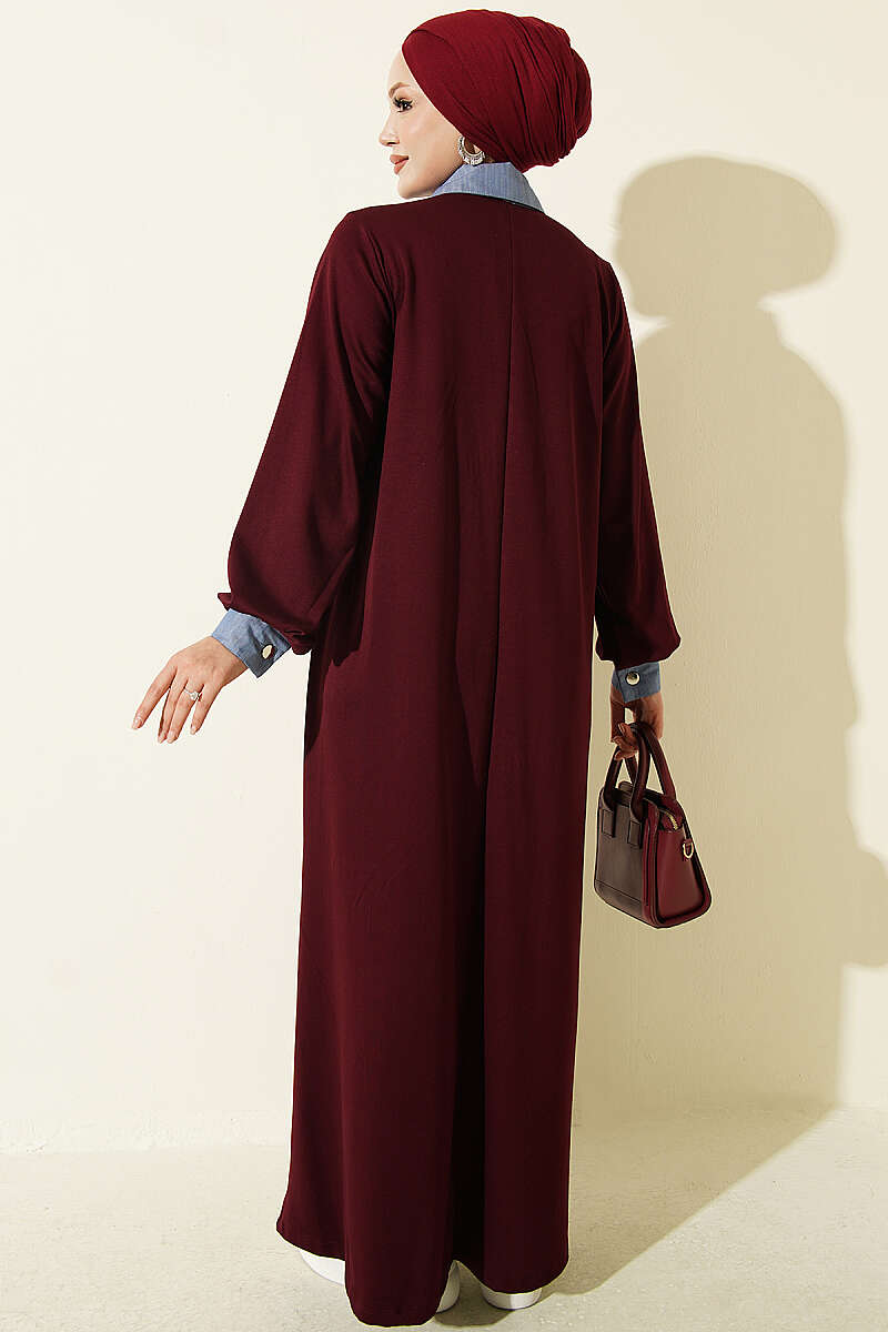 Jersey Dress with Denim Trim - Burgundy