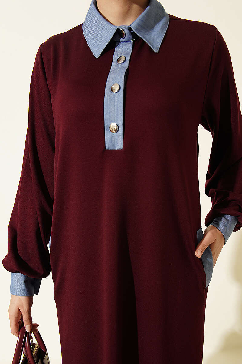Jersey Dress with Denim Trim - Burgundy