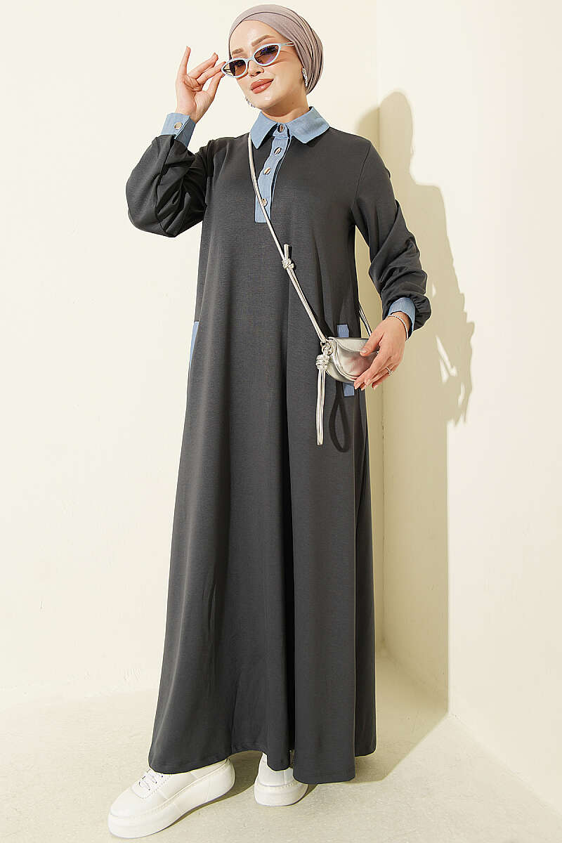 Jersey Dress with Denim Trim - Smoke Grey