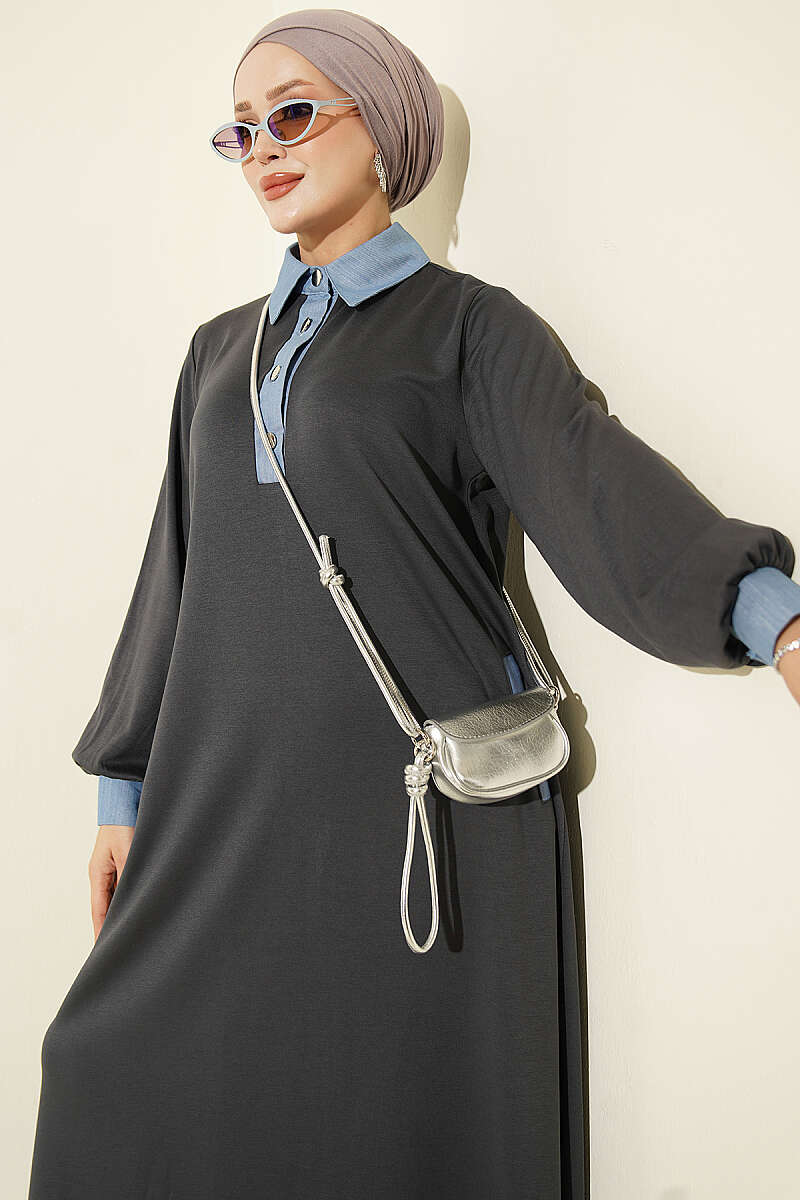Jersey Dress with Denim Trim - Smoke Grey