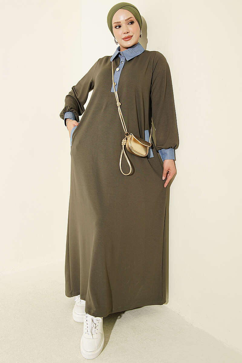 Jersey Dress with Denim Trim - Khaki