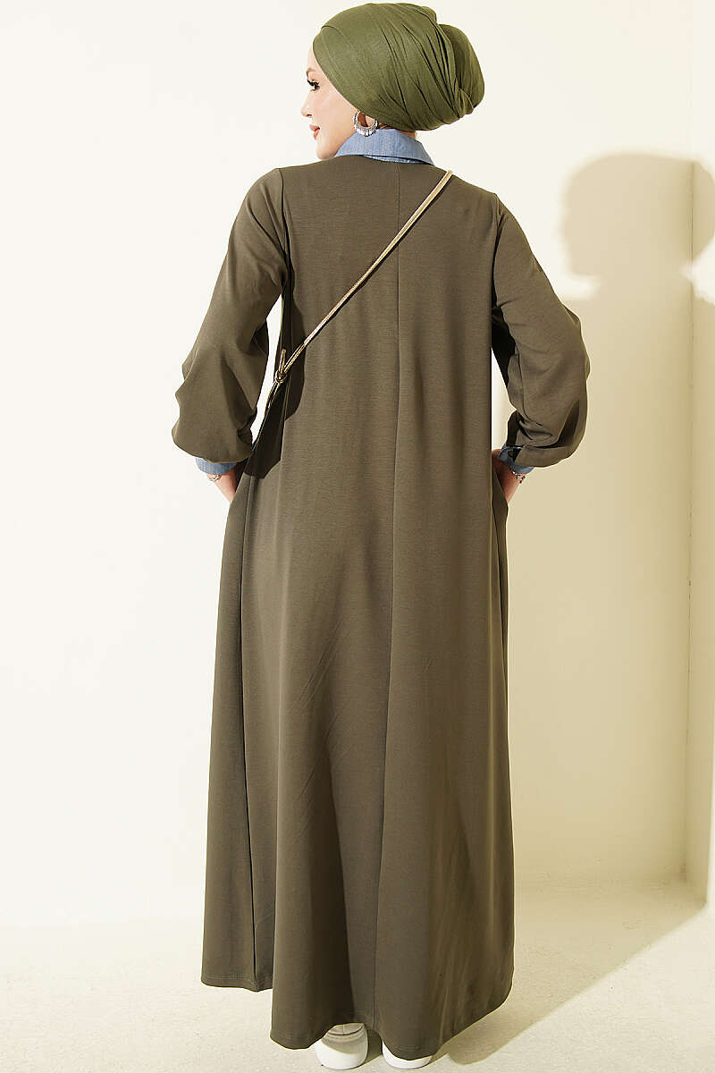 Jersey Dress with Denim Trim - Khaki