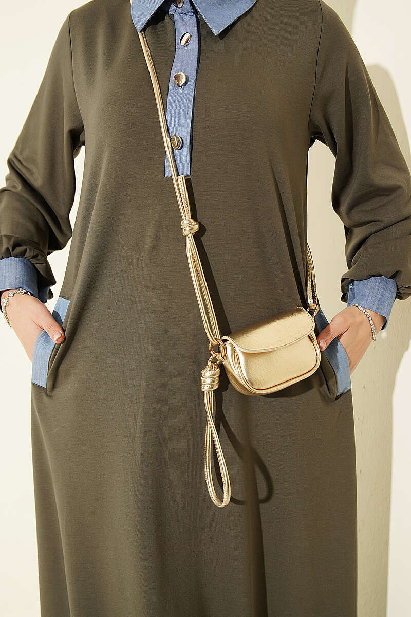 Jersey Dress with Denim Trim - Khaki
