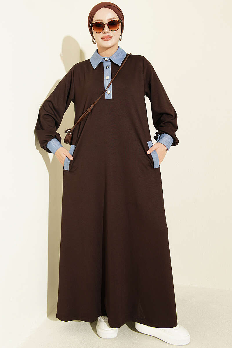 Jersey Dress with Denim Trim - Brown