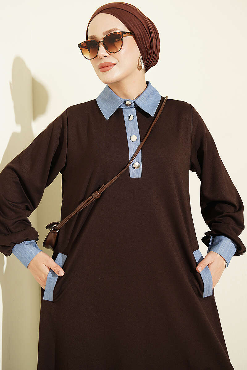 Jersey Dress with Denim Trim - Brown
