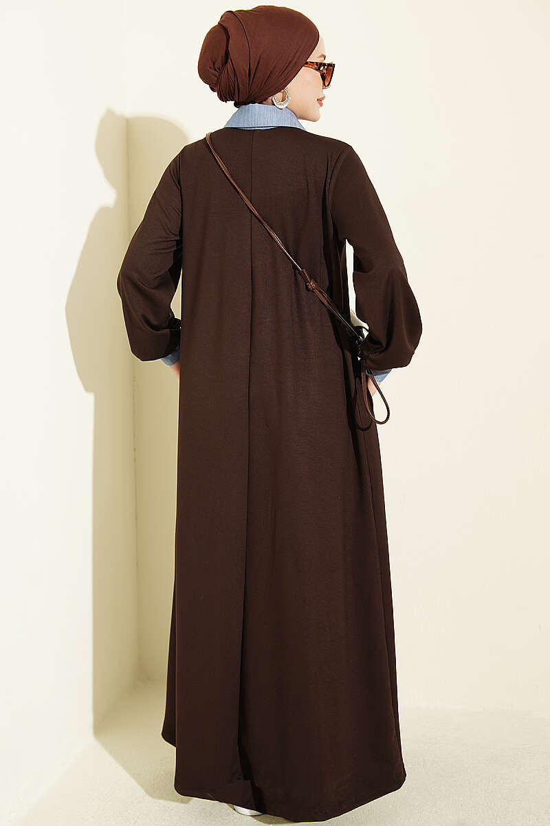Jersey Dress with Denim Trim - Brown