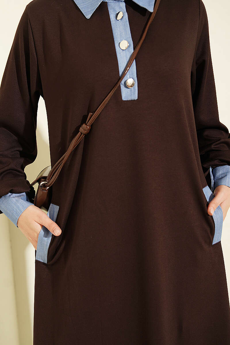 Jersey Dress with Denim Trim - Brown