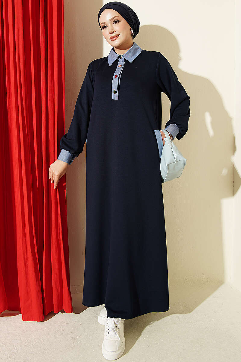 Jersey Dress with Denim Trim - Navy