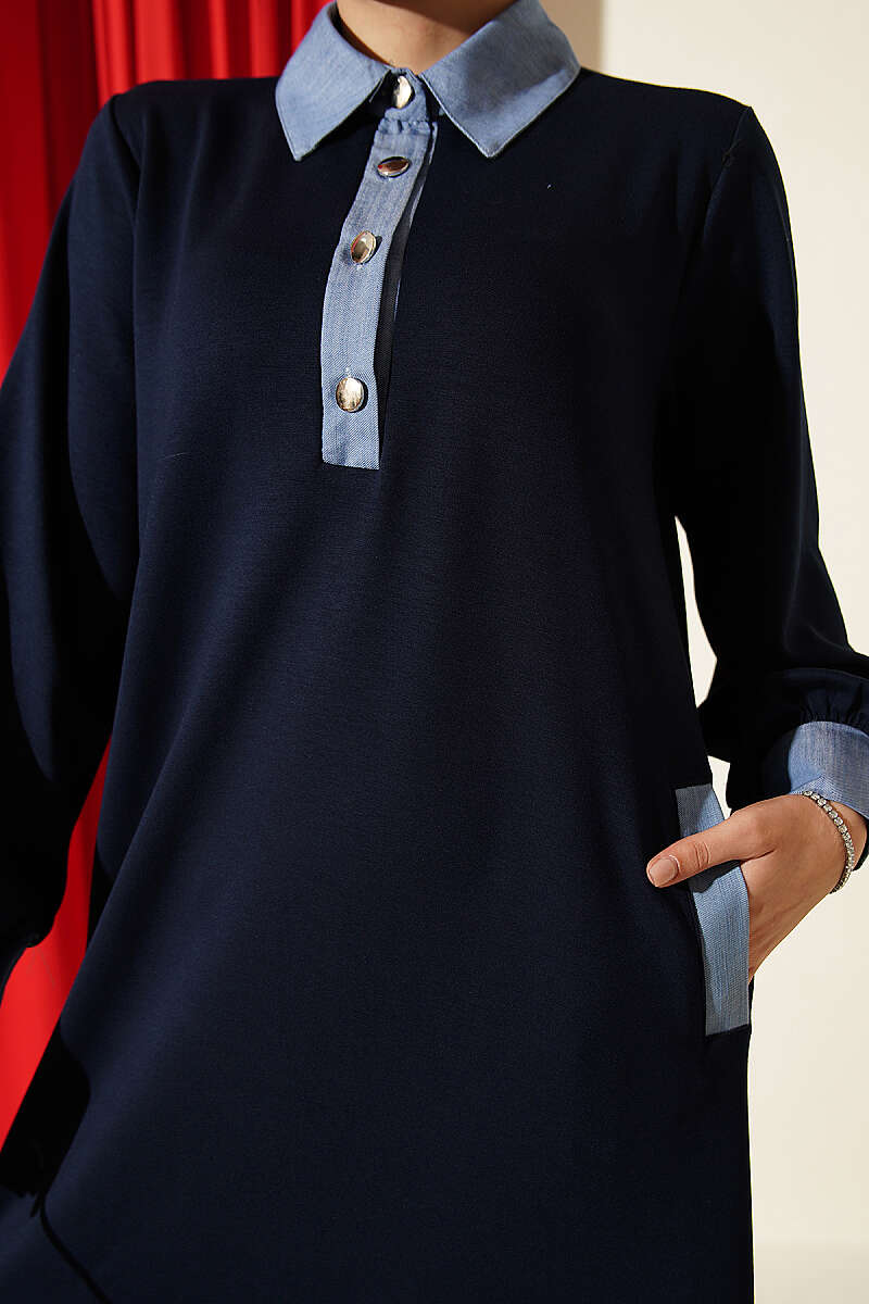 Jersey Dress with Denim Trim - Navy