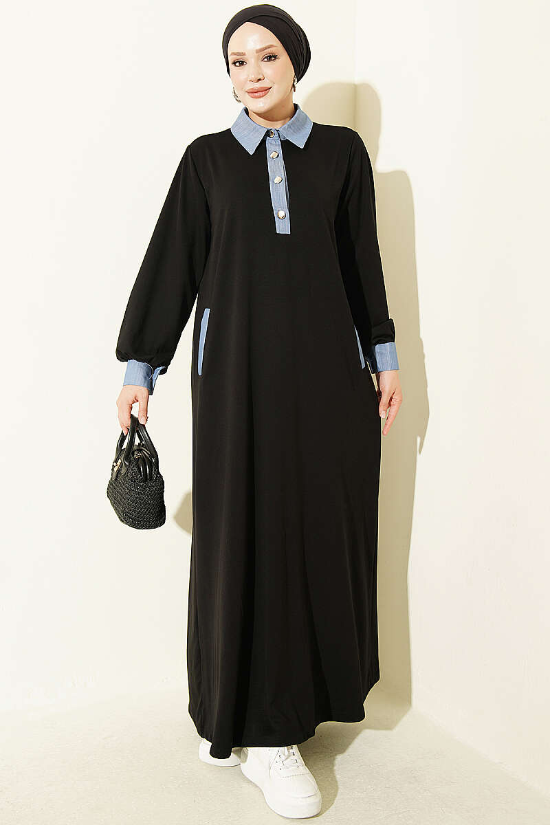 Jersey Dress with Denim Trim - Black
