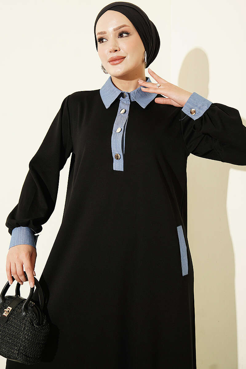 Jersey Dress with Denim Trim - Black