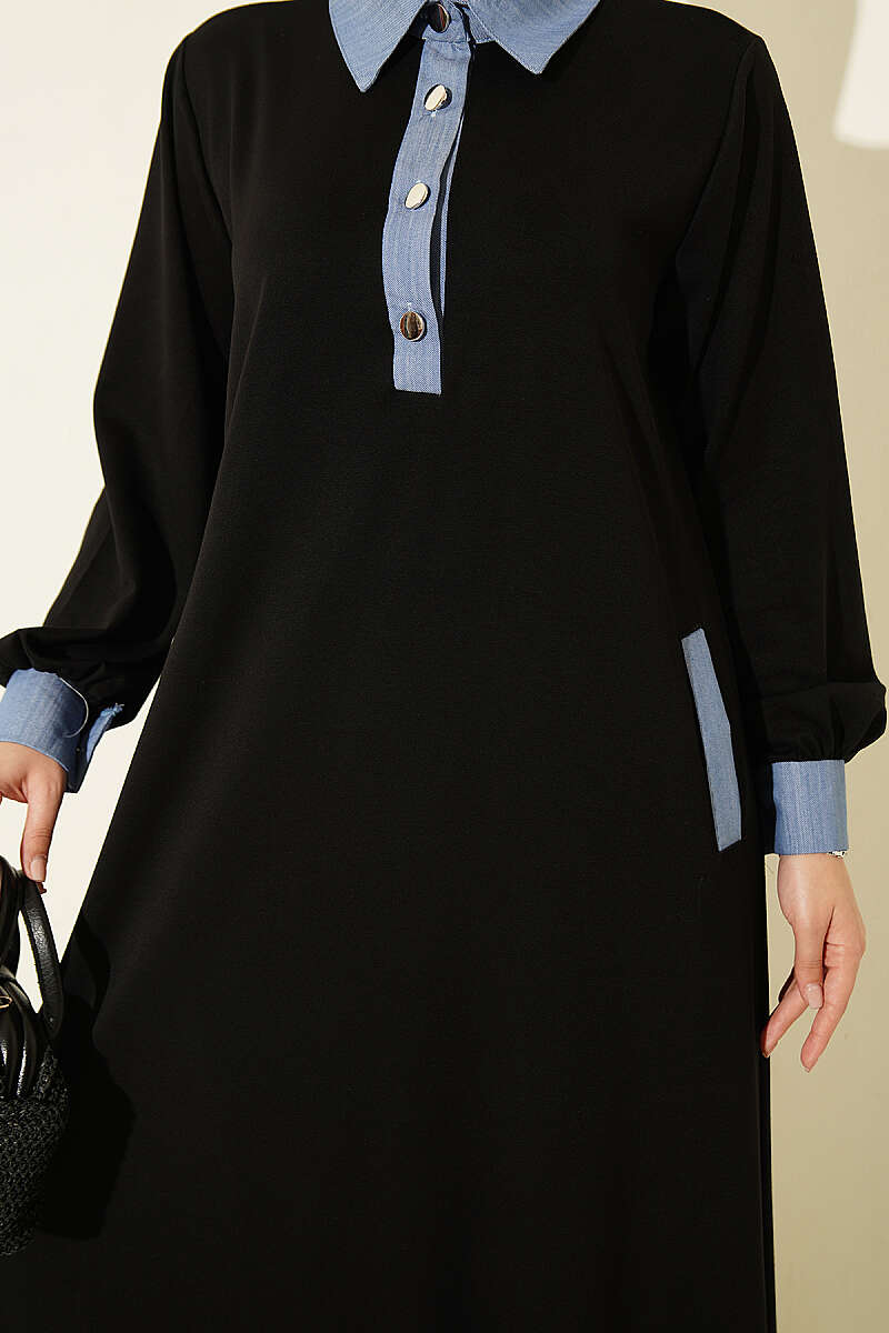 Jersey Dress with Denim Trim - Black