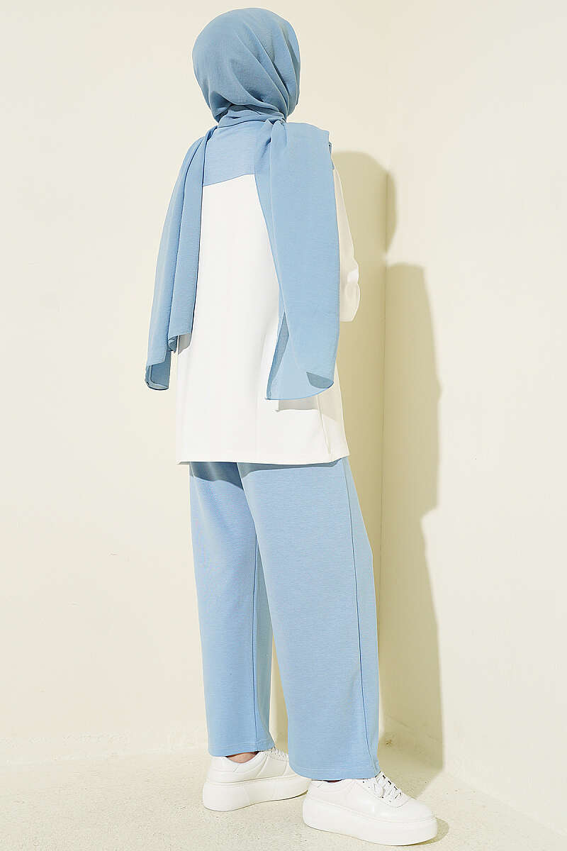 Jersey Two-Piece Set with Shoulder Scarf - Blue