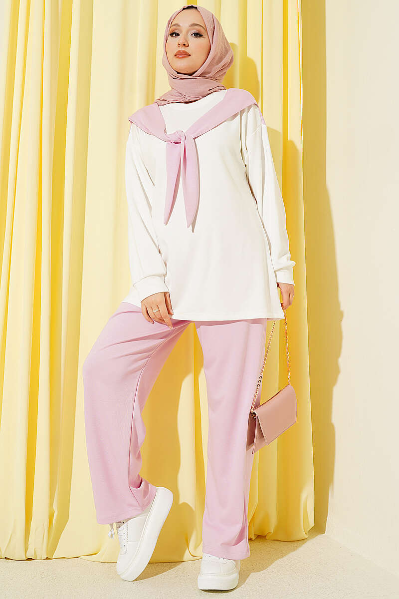 Jersey Two-Piece Set with Shoulder Scarf - Pink