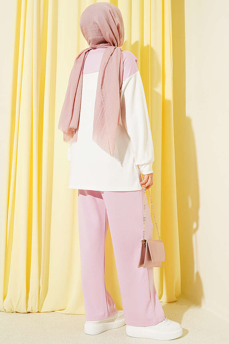 Jersey Two-Piece Set with Shoulder Scarf - Pink