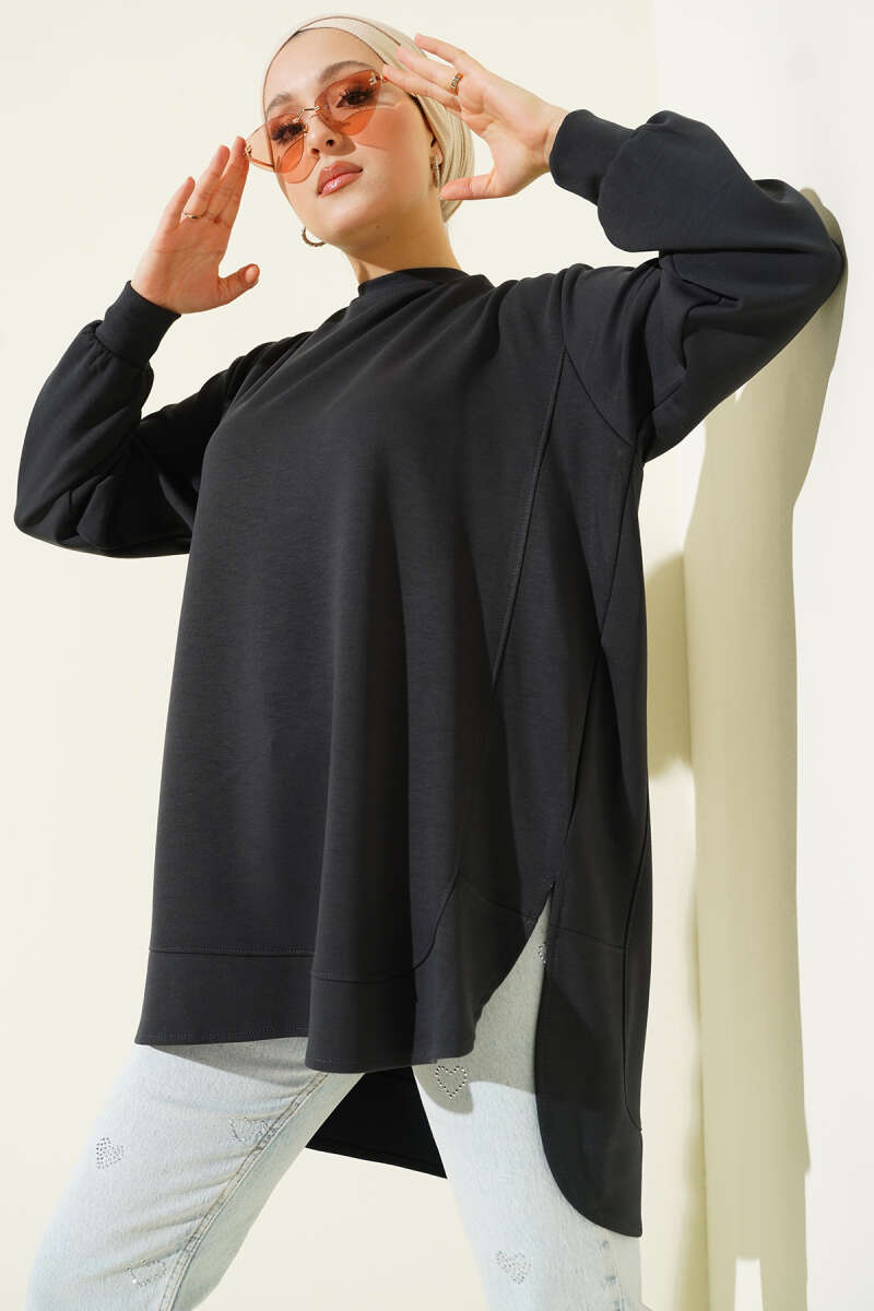 Oversized Curved-Hem Jersey Tunic - Charcoal