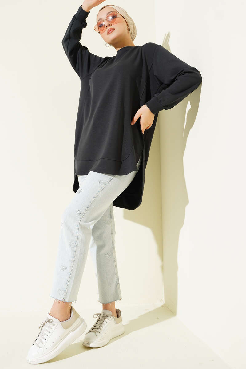 Oversized Curved-Hem Jersey Tunic - Charcoal