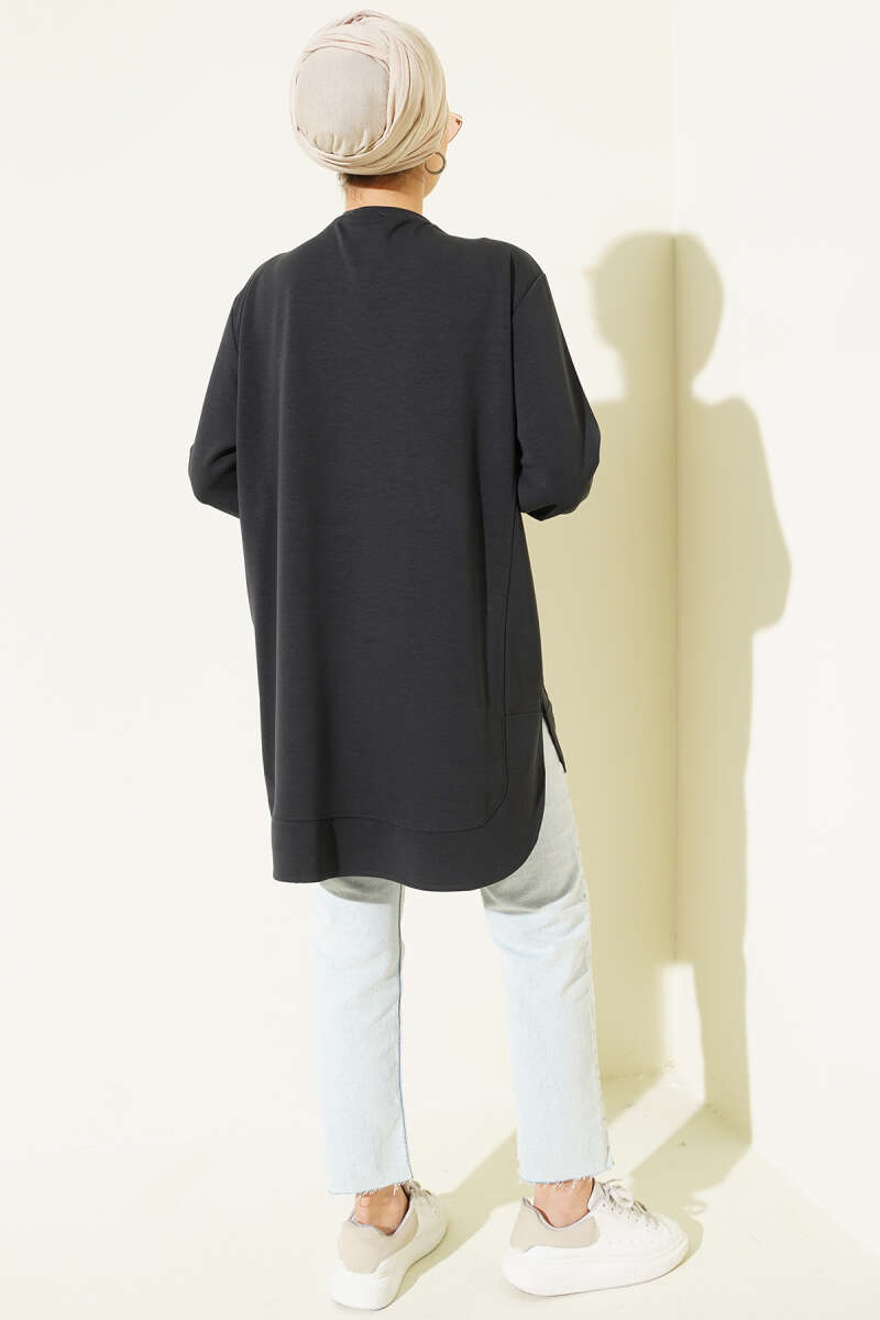 Oversized Curved-Hem Jersey Tunic - Charcoal