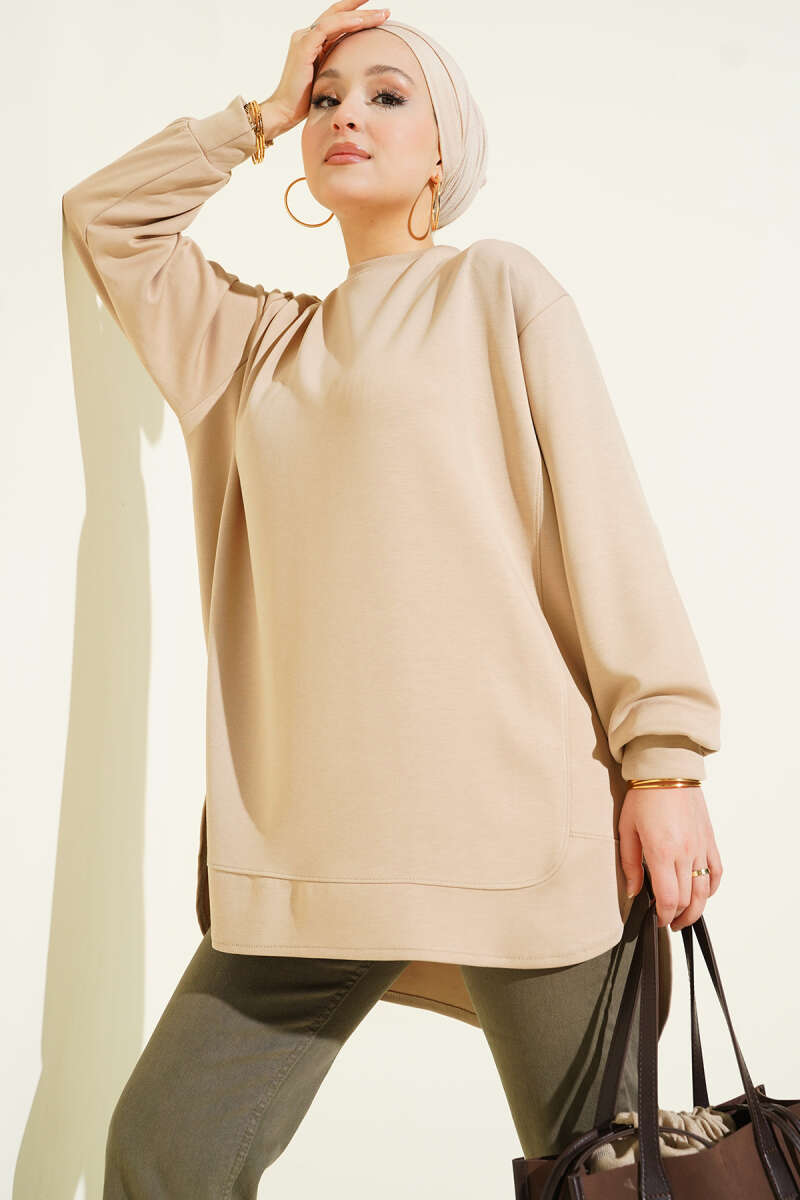 Oversized Curved-Hem Jersey Tunic - Beige