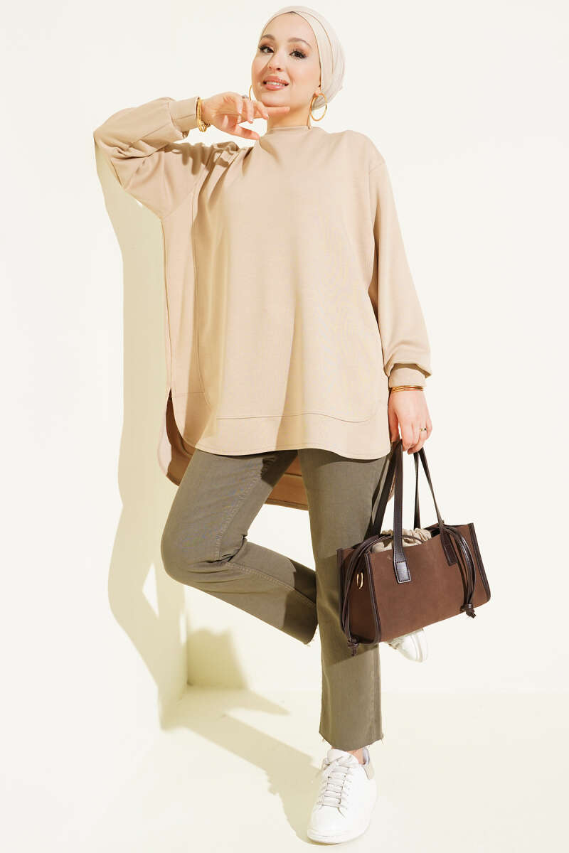 Oversized Curved-Hem Jersey Tunic - Beige