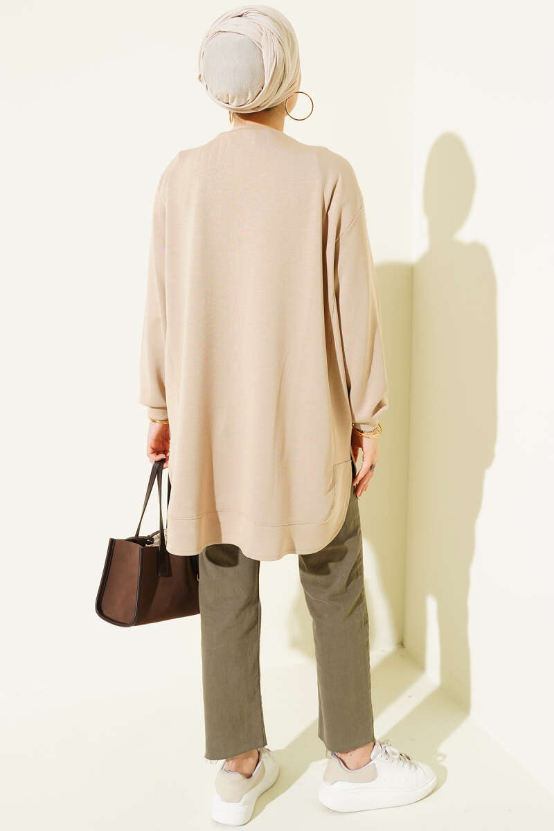 Oversized Curved-Hem Jersey Tunic - Beige