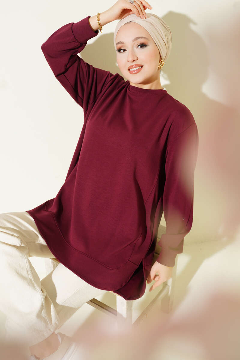 Oversized Curved-Hem Jersey Tunic - Burgundy
