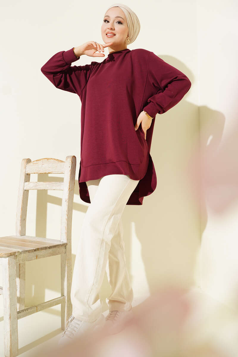 Oversized Curved-Hem Jersey Tunic - Burgundy