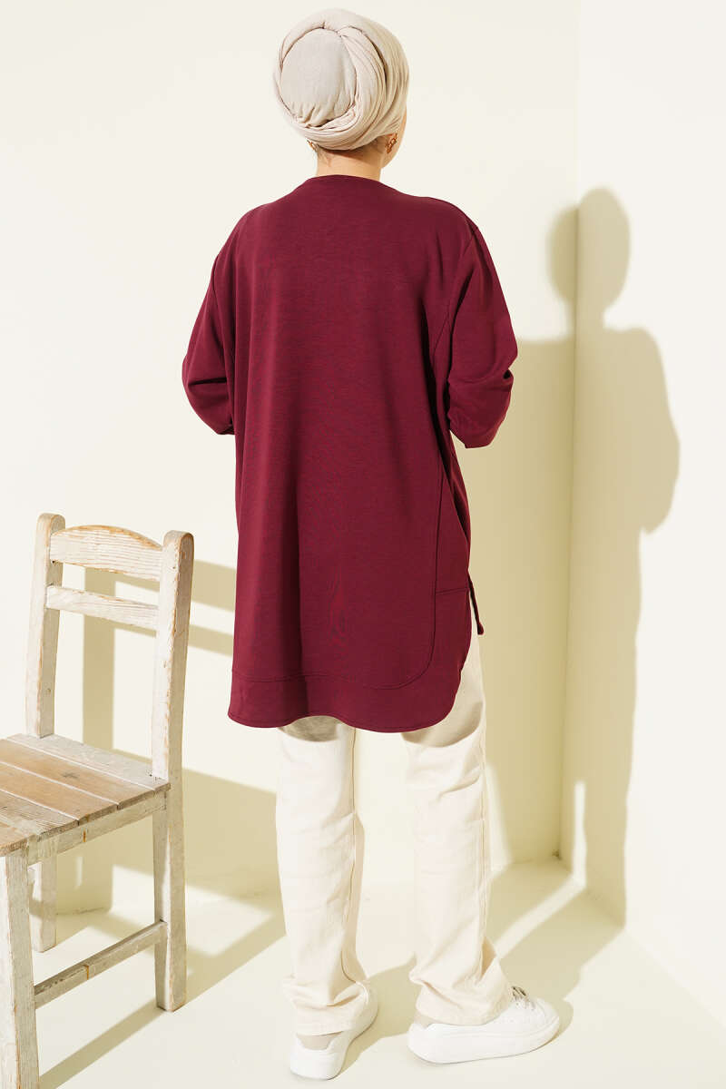Oversized Curved-Hem Jersey Tunic - Burgundy