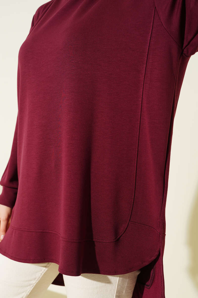 Oversized Curved-Hem Jersey Tunic - Burgundy