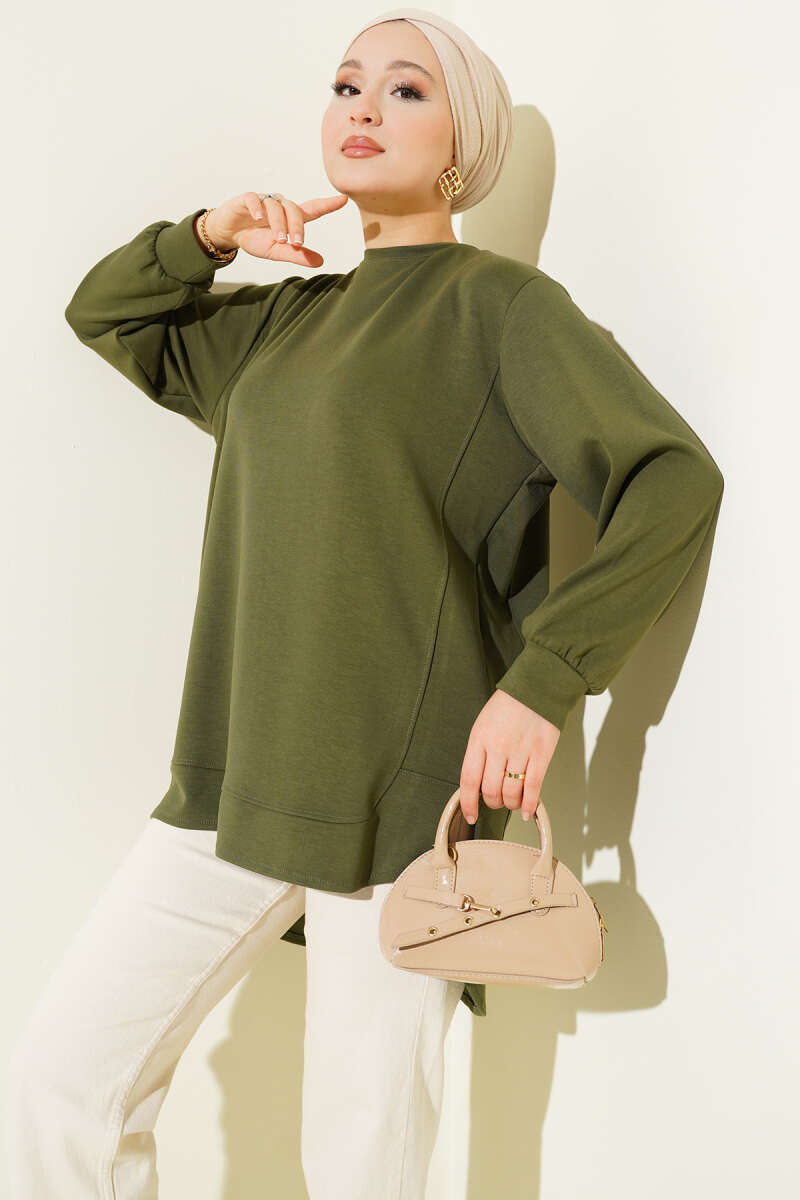 Oversized Curved-Hem Jersey Tunic - Khaki