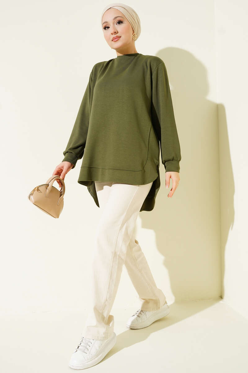 Oversized Curved-Hem Jersey Tunic - Khaki