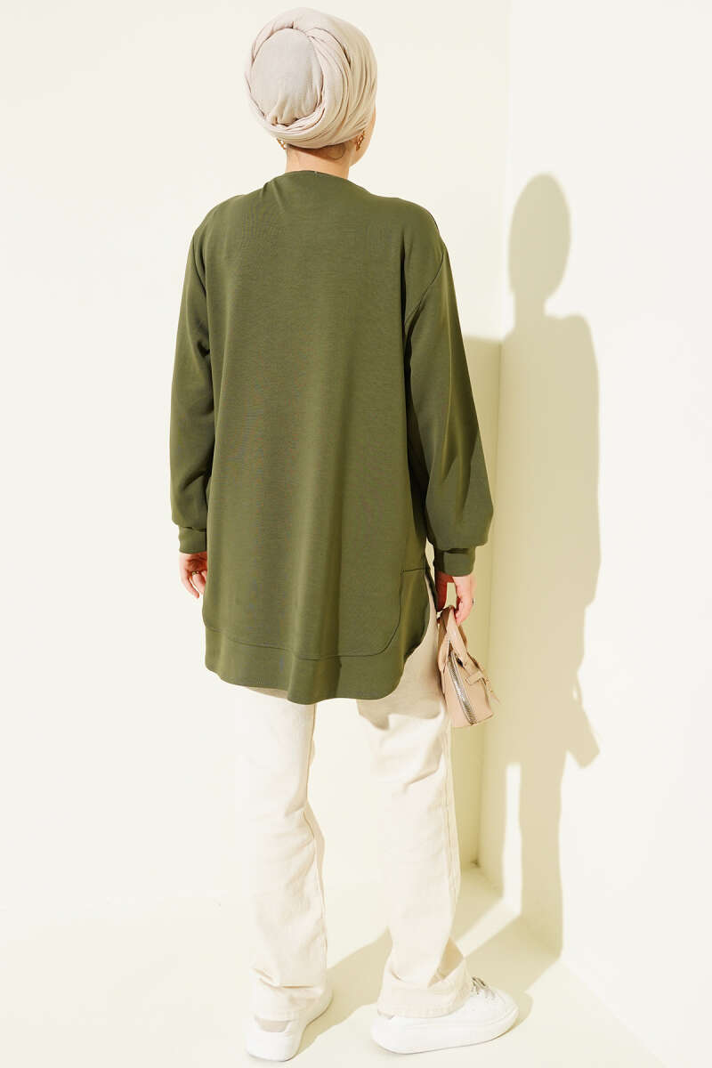 Oversized Curved-Hem Jersey Tunic - Khaki