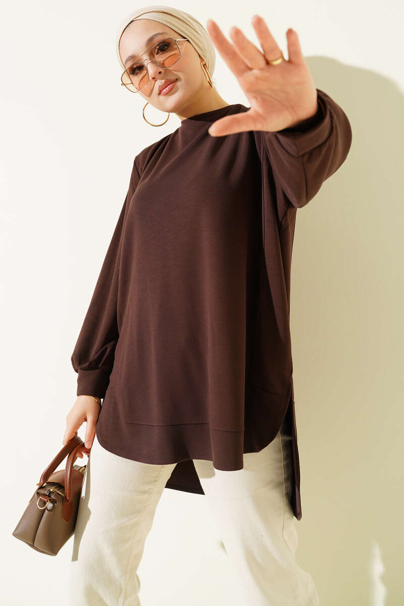 Oversized Curved-Hem Jersey Tunic - Brown