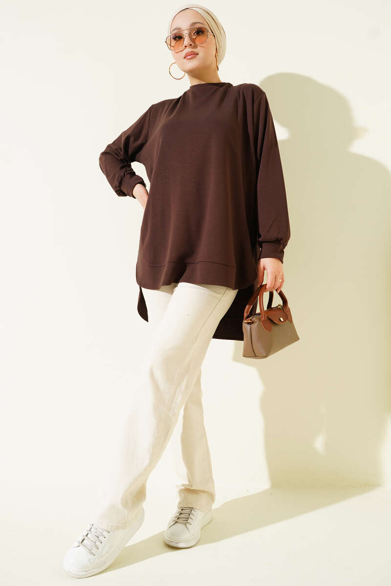 Oversized Curved-Hem Jersey Tunic - Brown