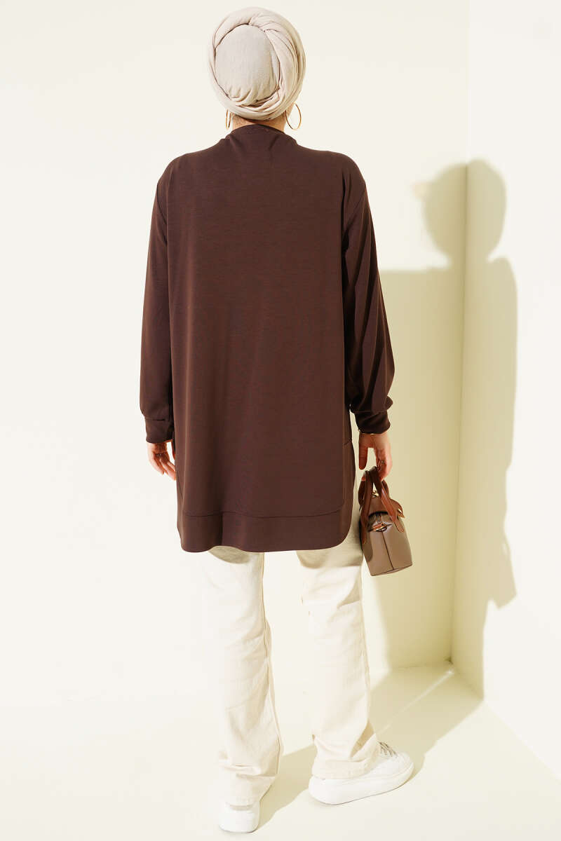 Oversized Curved-Hem Jersey Tunic - Brown