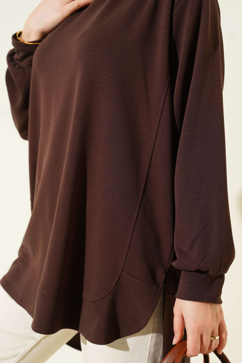 Oversized Curved-Hem Jersey Tunic - Brown