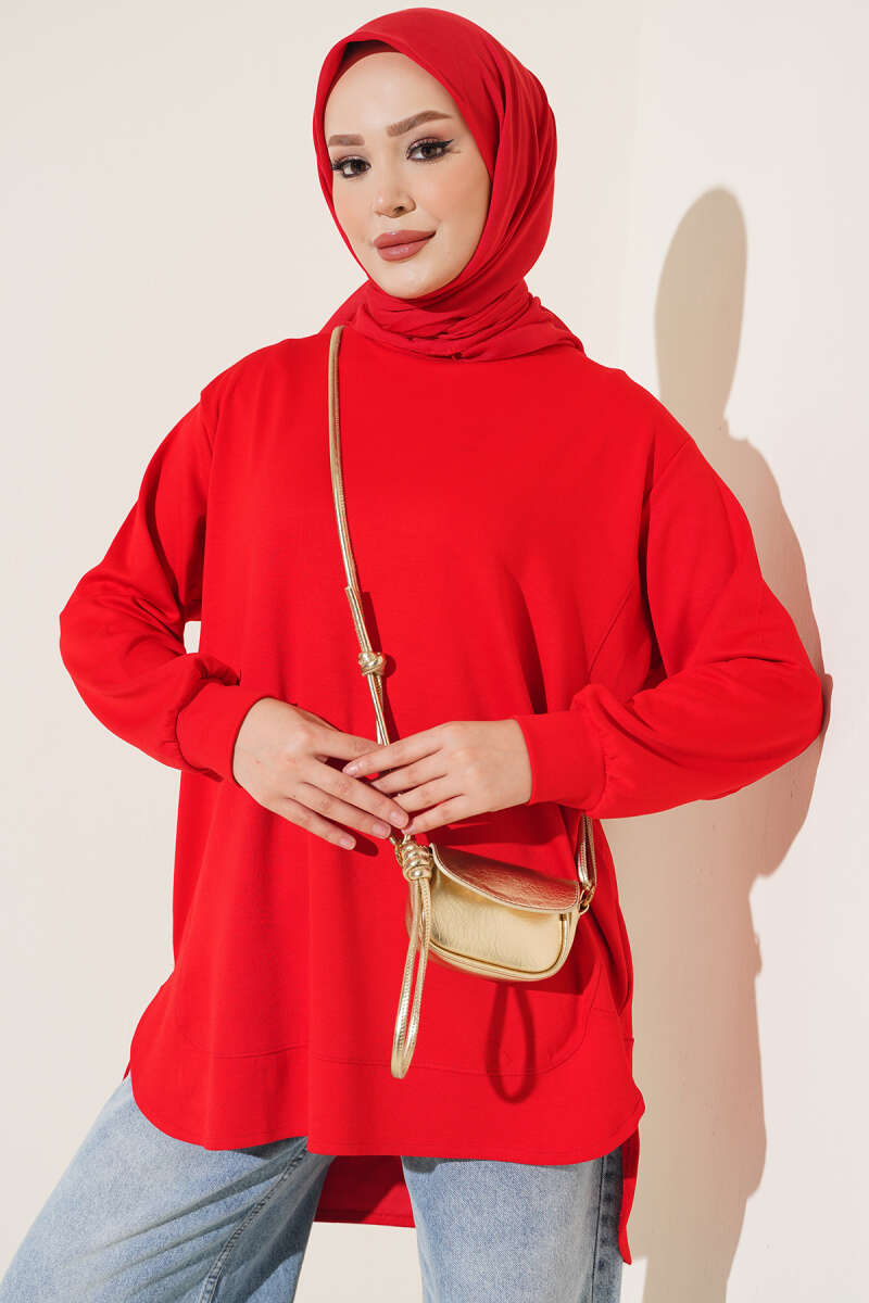 Oversized Curved-Hem Jersey Tunic - Red