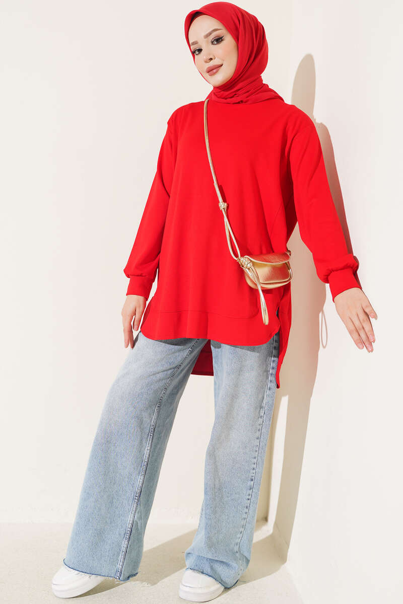 Oversized Curved-Hem Jersey Tunic - Red