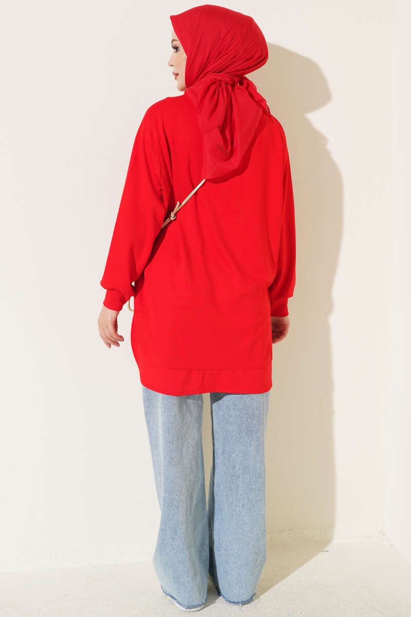 Oversized Curved-Hem Jersey Tunic - Red