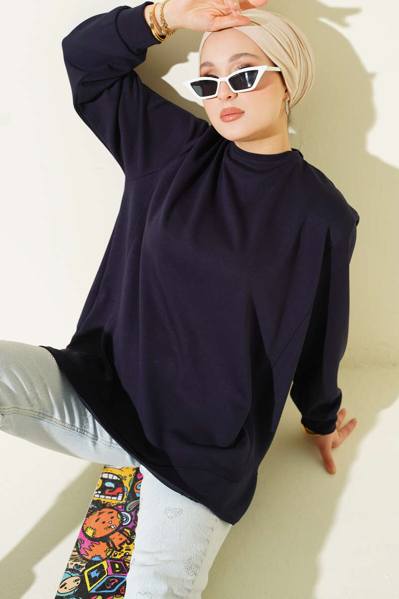 Oversized Curved-Hem Jersey Tunic - Navy