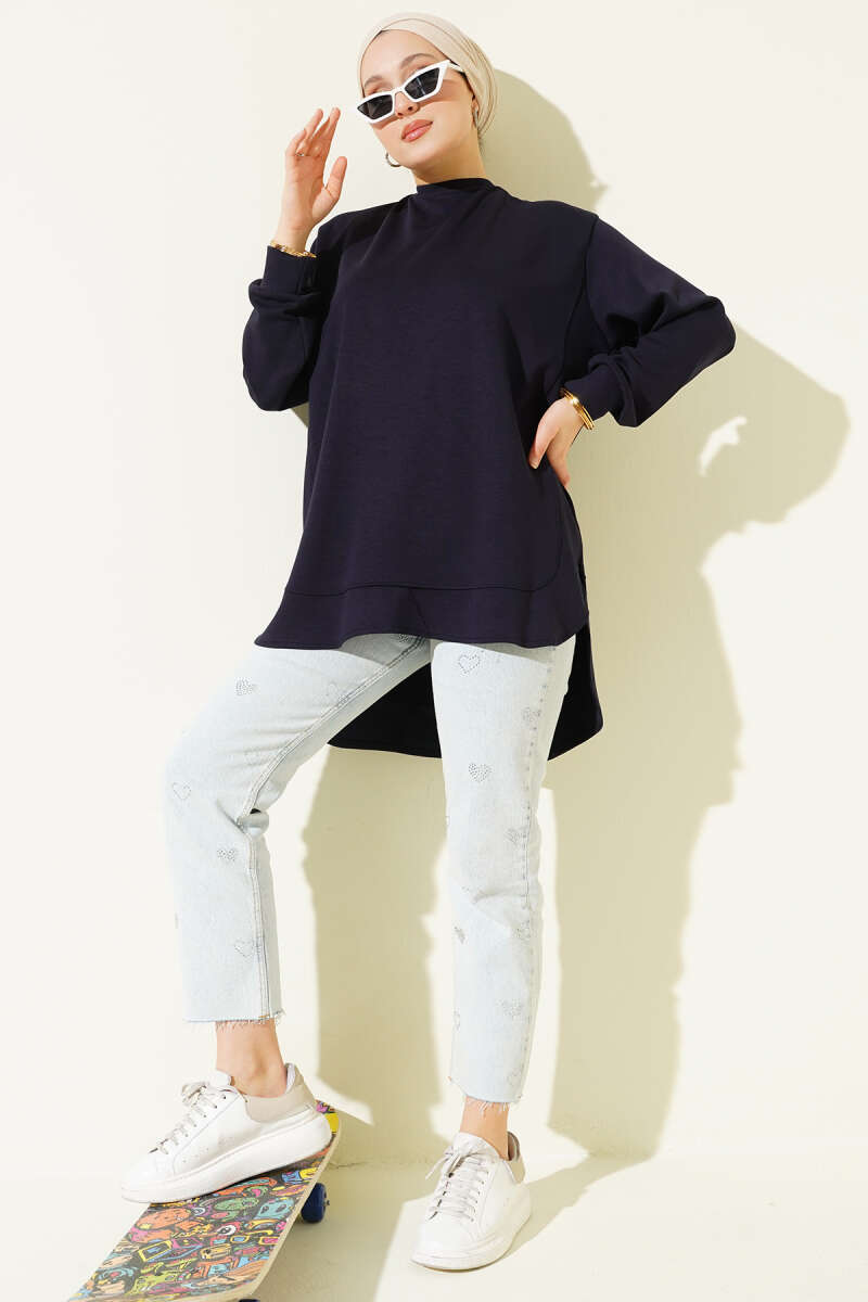 Oversized Curved-Hem Jersey Tunic - Navy