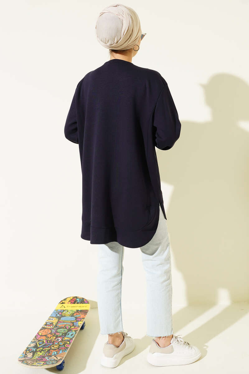Oversized Curved-Hem Jersey Tunic - Navy