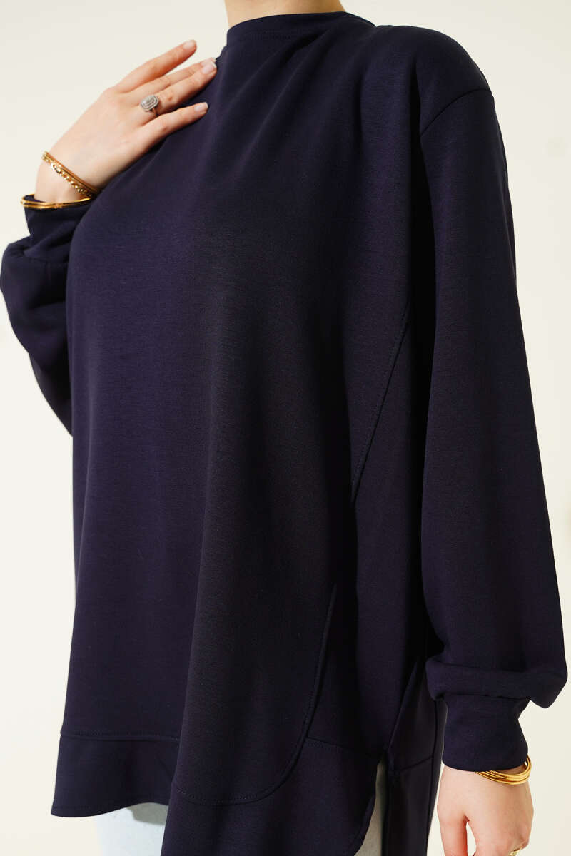 Oversized Curved-Hem Jersey Tunic - Navy