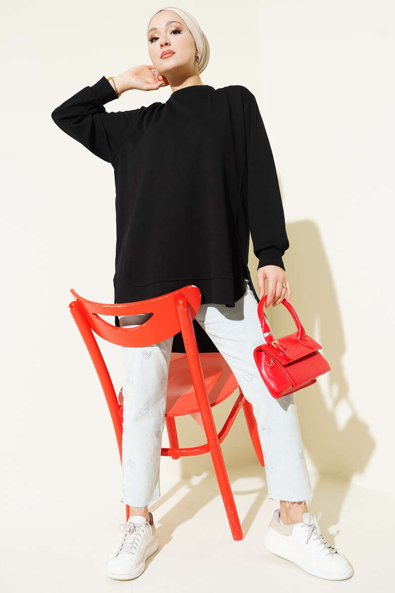 Oversized Curved-Hem Jersey Tunic - Black