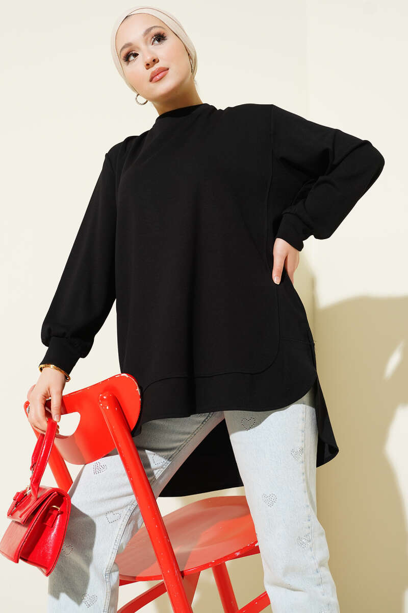 Oversized Curved-Hem Jersey Tunic - Black