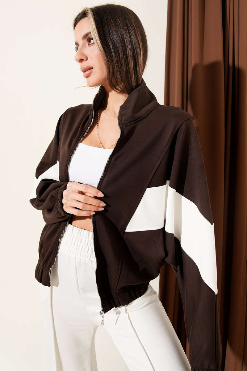 Oversized Loycha Cardigan with Stripe Trim - Brown