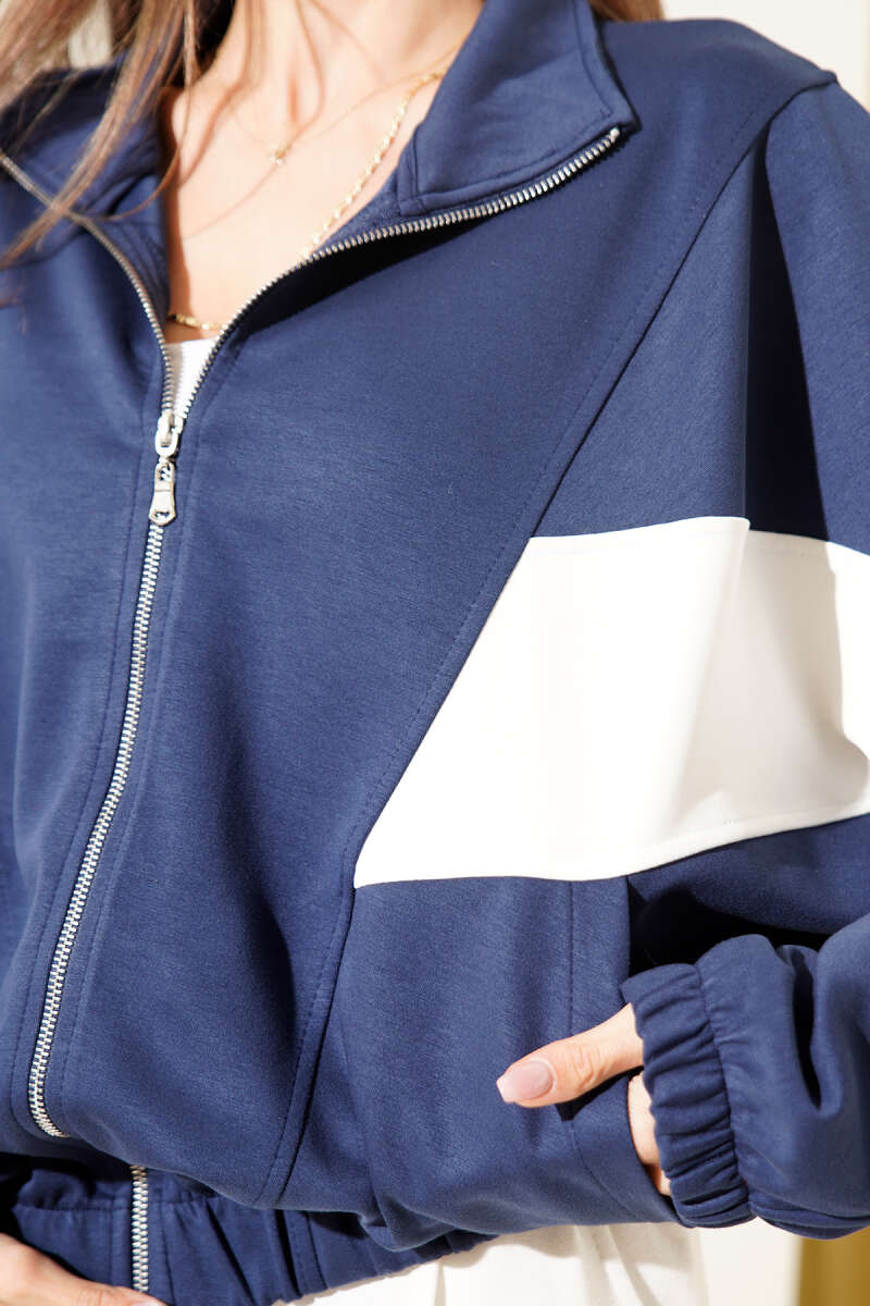 Oversized Loycha Cardigan with Stripe Trim - Navy