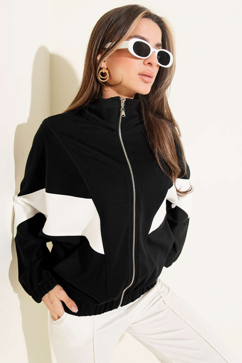 Oversized Loycha Cardigan with Stripe Trim - Black