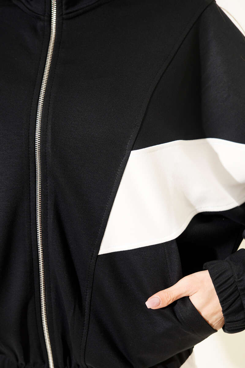 Oversized Loycha Cardigan with Stripe Trim - Black