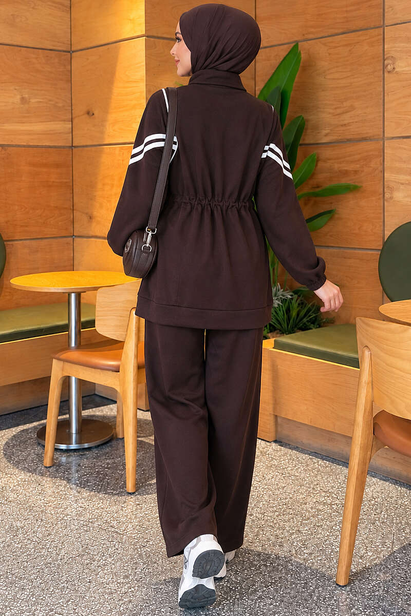 Zip-Up Two-Piece Set with Stripe Trim - Dark Brown